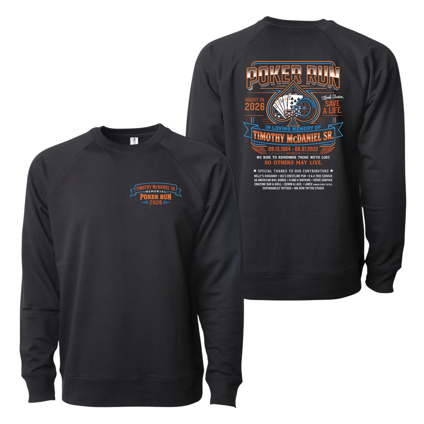 Official event crewneck, front and back
