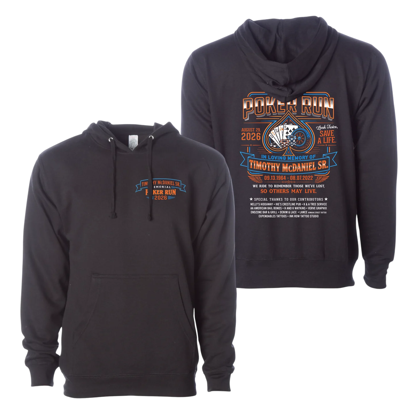Official event hoodie, front and back
